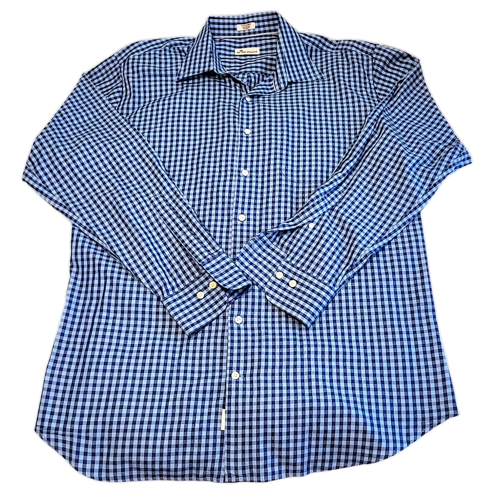 Peter Millar Mens Size XL Blue & White Checkered Dress Shirt-100% Cotton